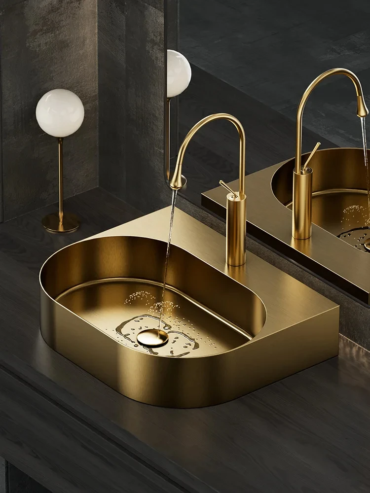 Advanced Simple Gold Stainless Steel Tabletop Basin Single Hole Integrated Wash Artistic Toilet Bathroom Oval Wash Basin