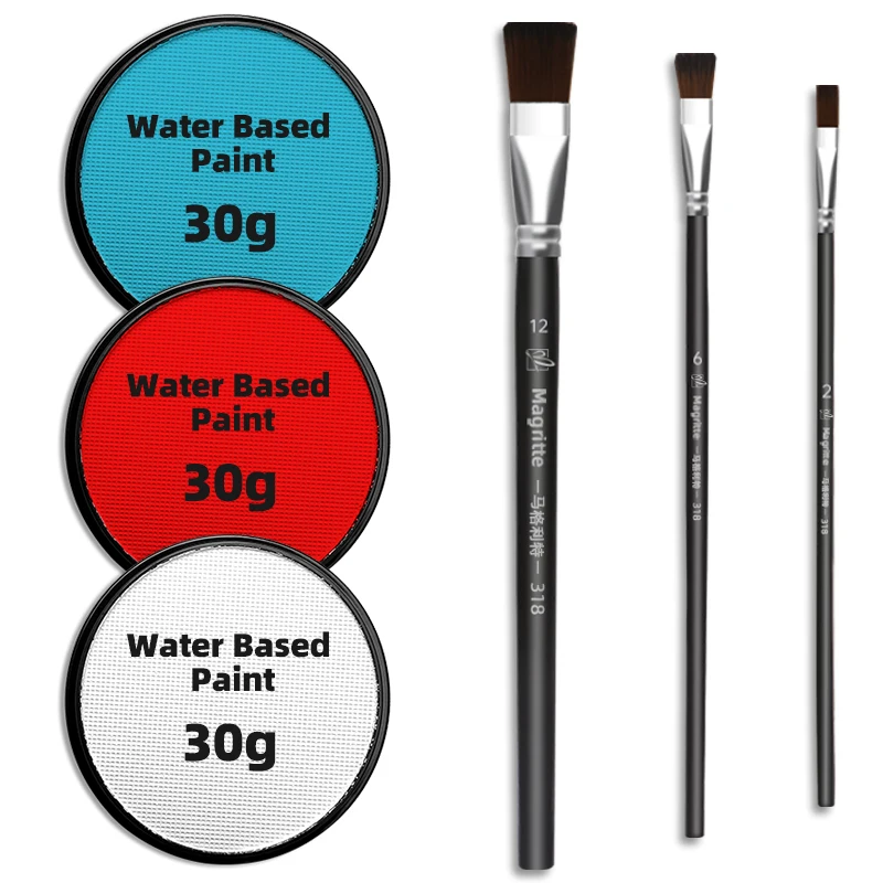 30g Water-Based Red&White&Blue Paint Kit with 3 Brushes,Halloween Painting Set for Clown,SFX,Make Up,Cosplay,Party,Theater
