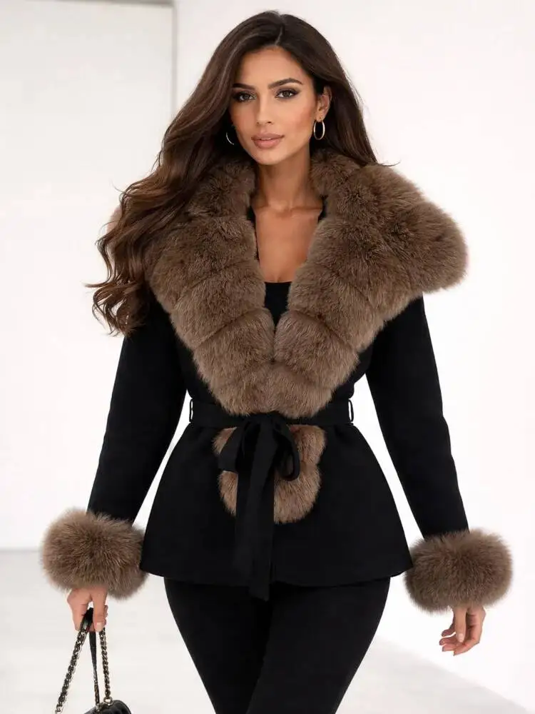 ONEXWEN Women's Brown Wool Blend Coat With Oversized Fur Collar Cuffs And Waist Belt Elegant Short Winter Outerwear ZM5423