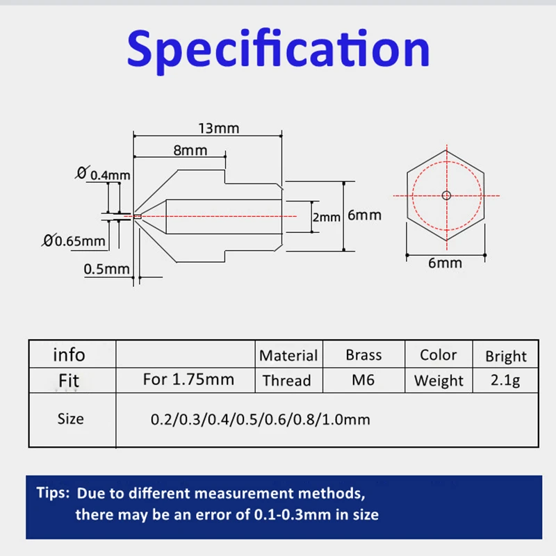 5pcs MK8 Nozzle 0.2mm 0.4mm 0.5mm 0.6mm 0.8mm 1.0mm 3D Printer Part Extruder M6 Thread Brass Nozzle 1.75mm 3mm Filament