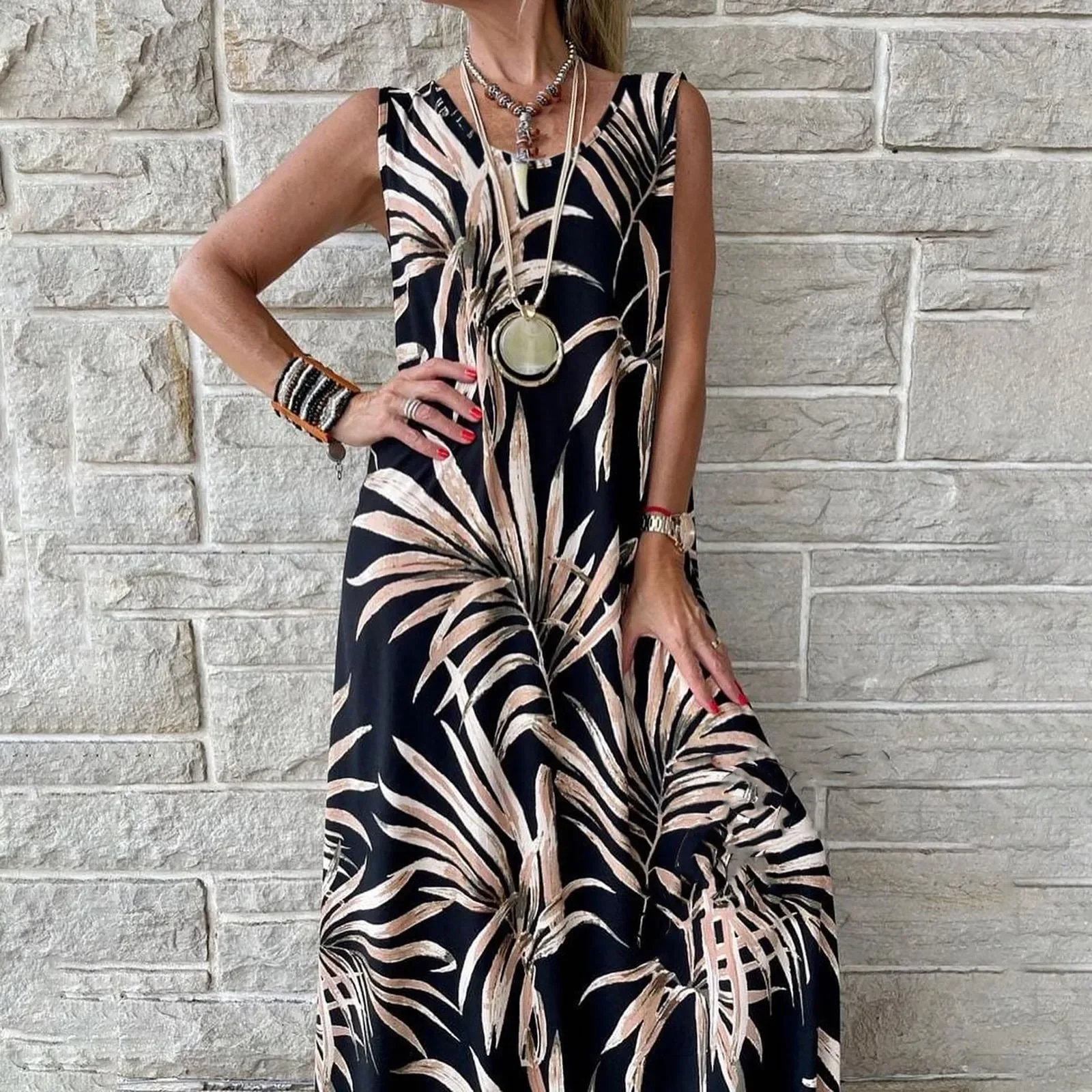 Sommer Boho tropischen Druck langes Kleid für Frauen lässig O-Ausschnitt ärmellose Mode lose Maxi kleider 2023 Frau Strand kleid