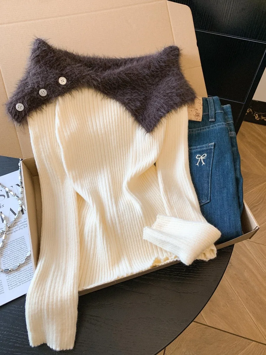 Langer Sve-Strickpullover für Mädchen, weiches, pelziges Oulder-Unterhemd mit Bared-Innenbekleidung, verdickte Winterfarbe, lässiges Sli-Strickoberteil