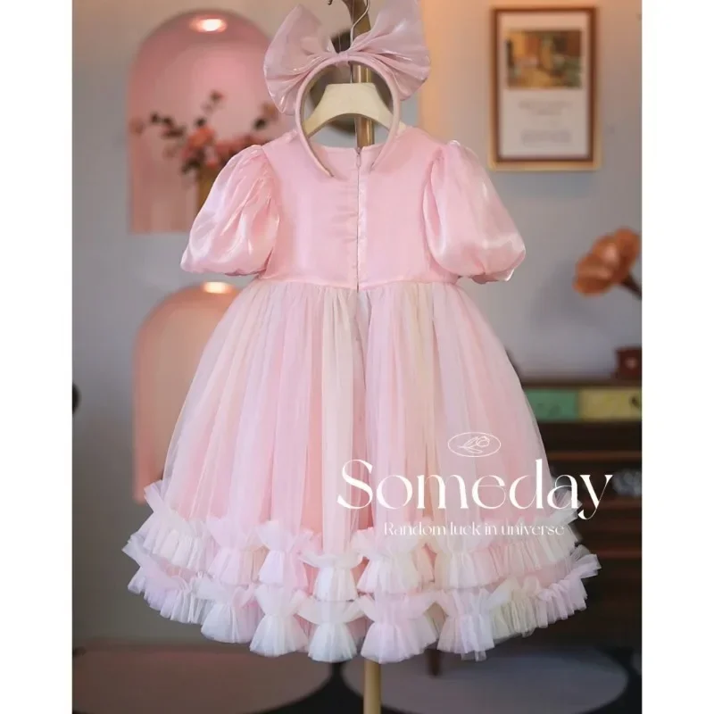 Kids Dress 2024 Spring and Summer Girls Party Dress Pink Princess Toddler Girl Dress 3-8 T New Short sleeves Cotto