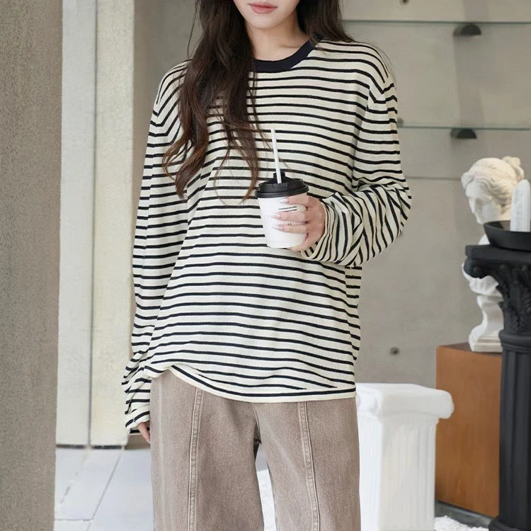 

High-quality New Spring/summer Tencel Linen Striped Long-sleeved Knit Top