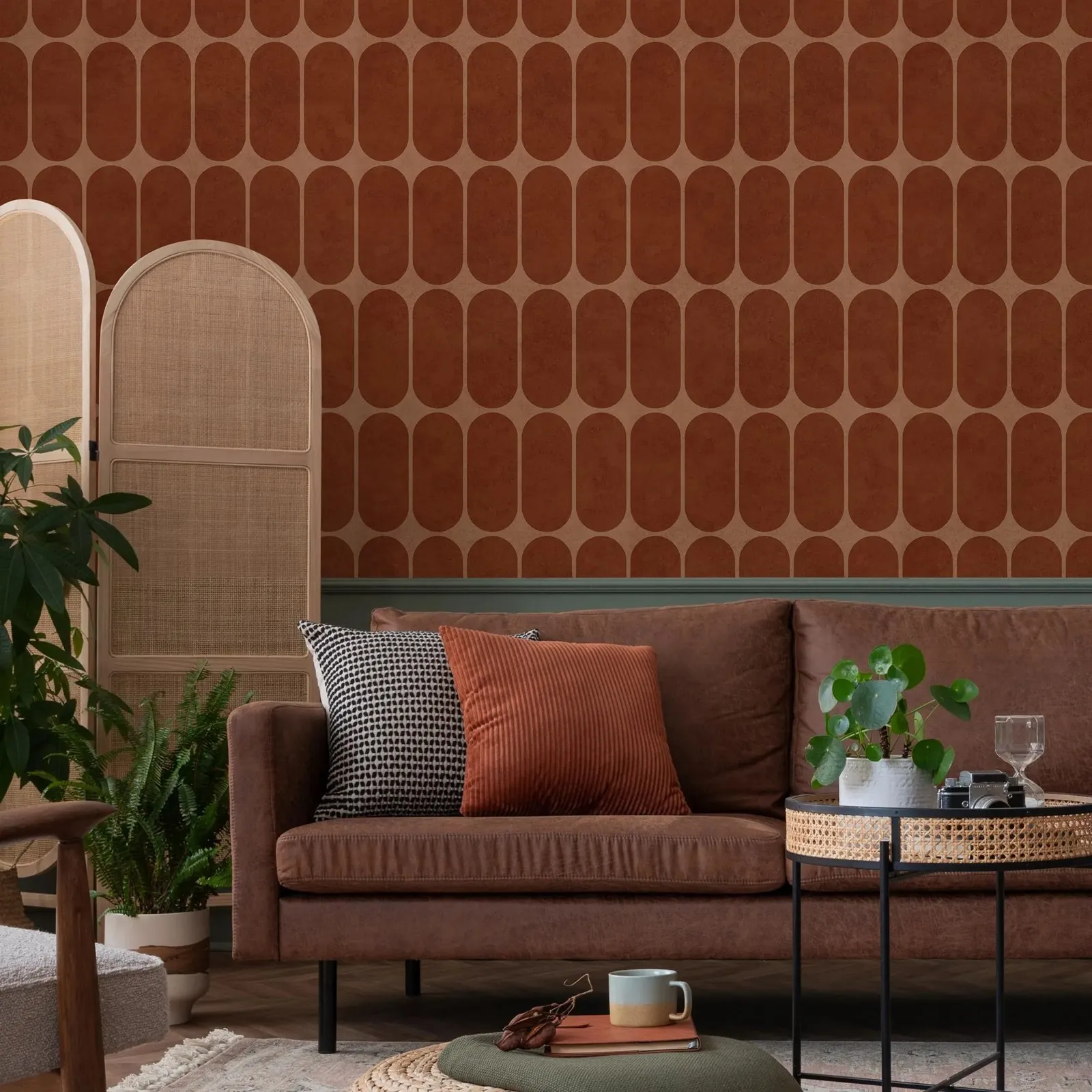 Mid-century Arch Motif Geometric Wallpaper,Terracotta and Beige Color Wall Mural For Home Decor.Self-adhesive Or Tradition Paper