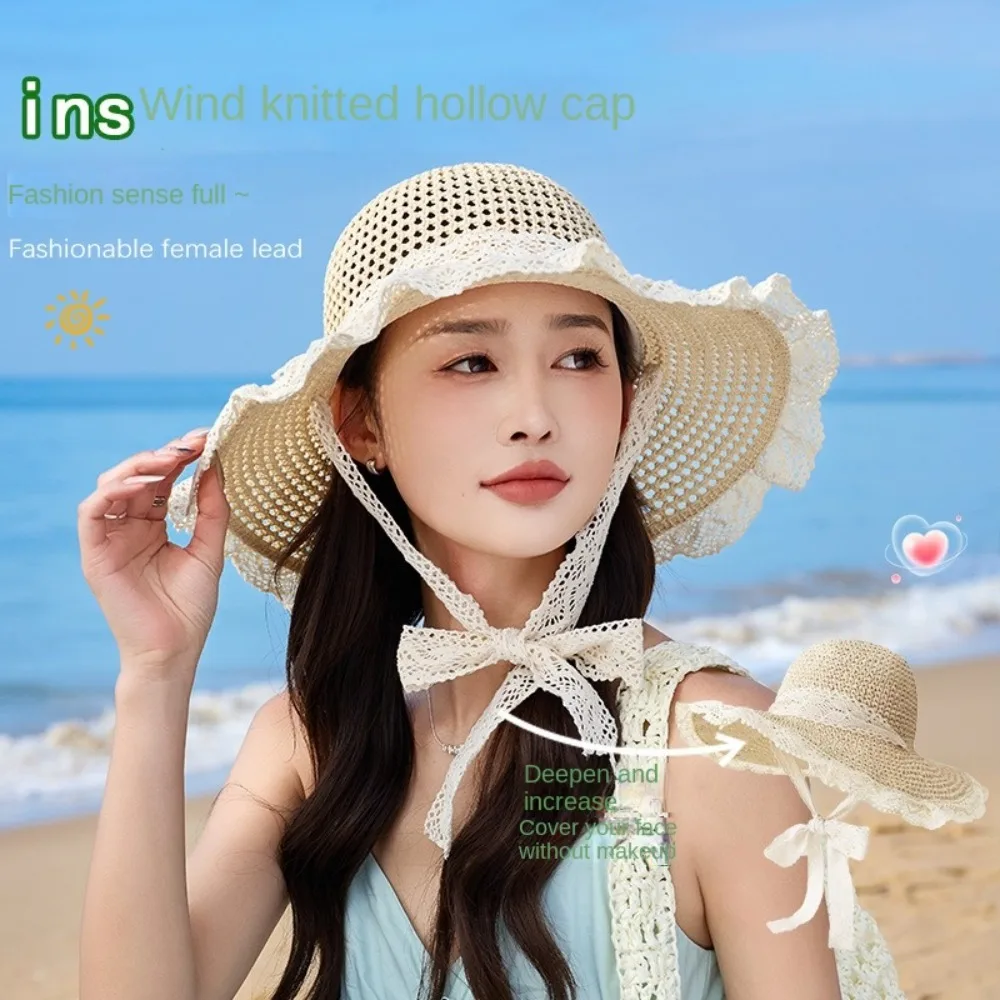 

Elegant Large Brim Women Straw Hat Breathable Sunshade UV Protection Cap Neck Cover Korean Style Lace Tied Sun Hat Female