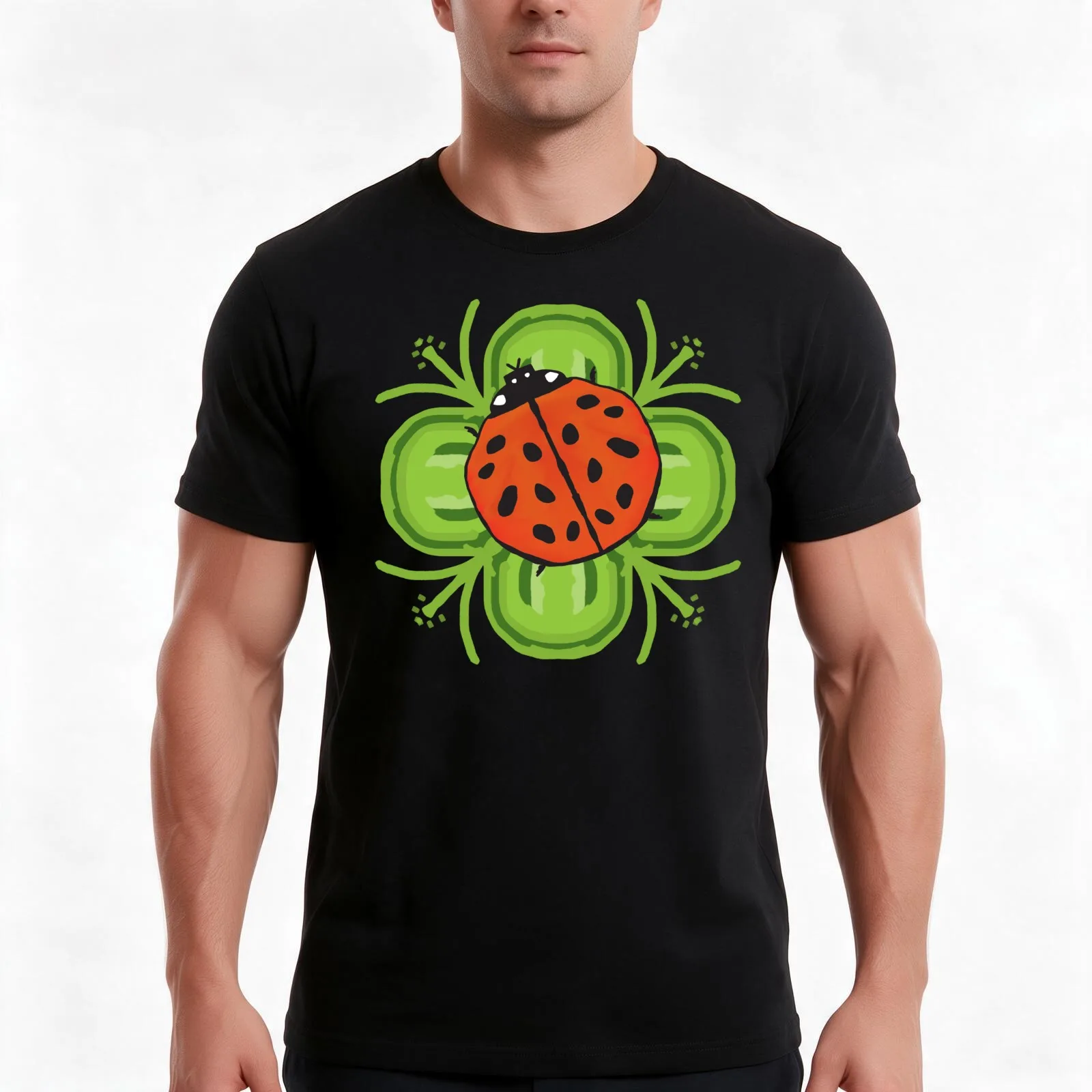 Cute Ladybug on a Four Leaf Clover T-Shirt Summer Casual Cotton Tee Oversized Streetwear Tops Vintage Graphic Print
