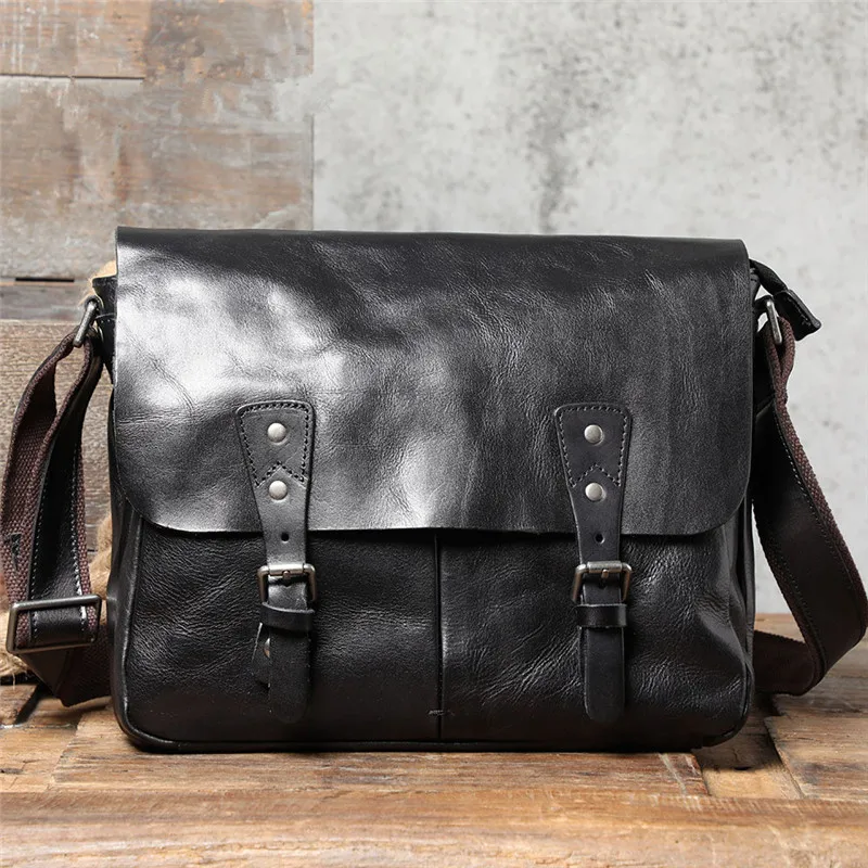 

Casual luxury natural genuine leather men's messenger bag daily work soft real cowhide black tablets A4 document shoulder bag