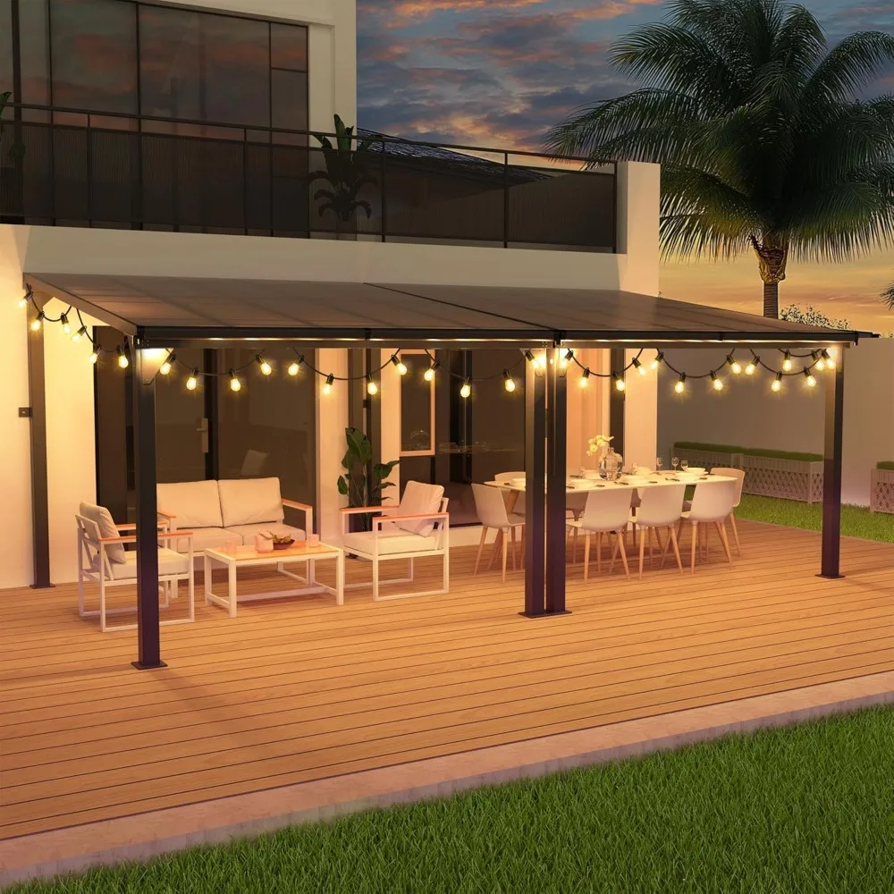 

10 * 20FT Wall Mounted Gazebo,4*4 Inch Thickened Pillars & Enlarged Base, Outdoor Hardtop Lean to Pergola, Aluminum Frame