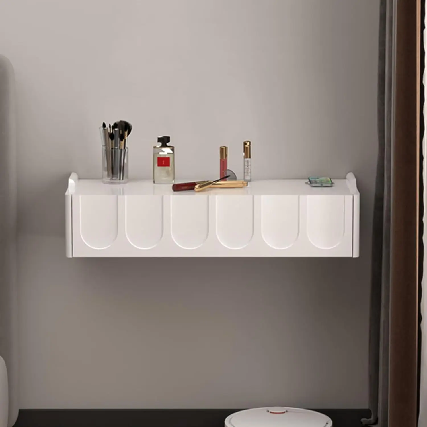 #White Wall Mounted Floating Vanity Desk with Drawers for Small Space Bedroom Dressing Table