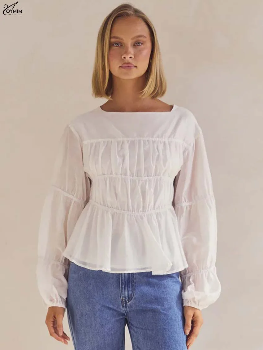 Oymimi Fashion White O-Neck Women's Blouse Elegant Long Sleeve Pleated Loose Blouses Autumn New Solid Female Blouse Streetwear