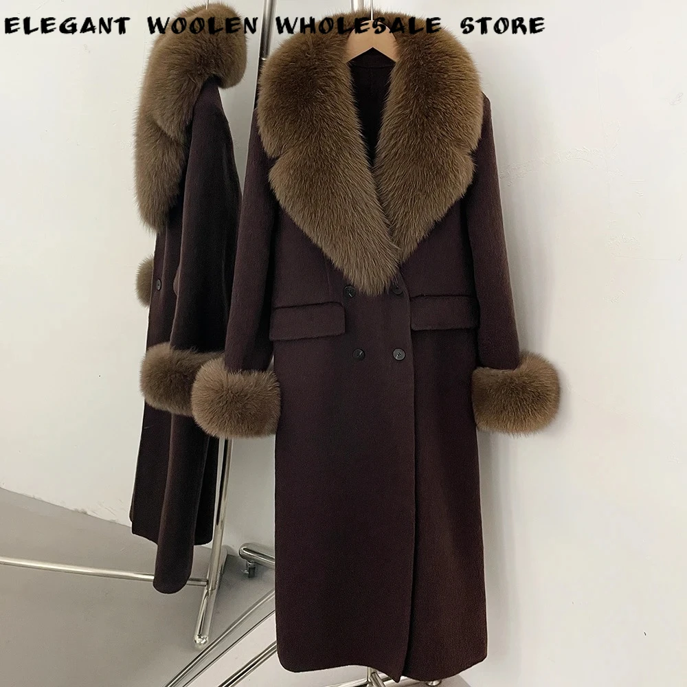 Women's Overcoat Double Face Wool Blend Coat Belted Relaxed Fit Classic Commuting Wear Cold Season Outerwear with Fur Trim