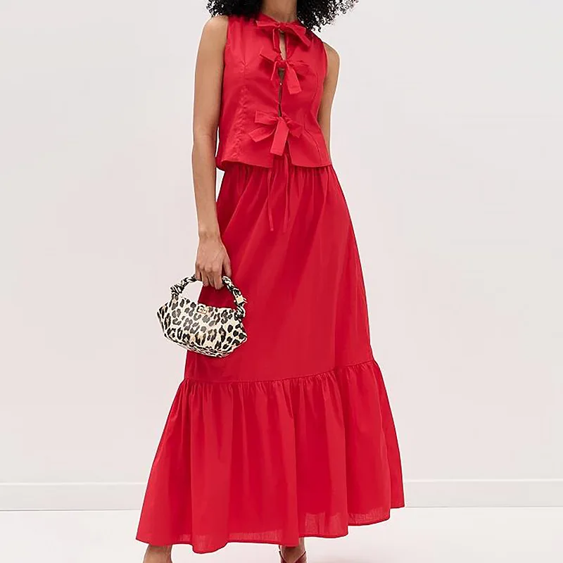 

Красный комплект из топа без рукавов и многоярусной юбки: модный летний женский наряд, трансграничная одежда