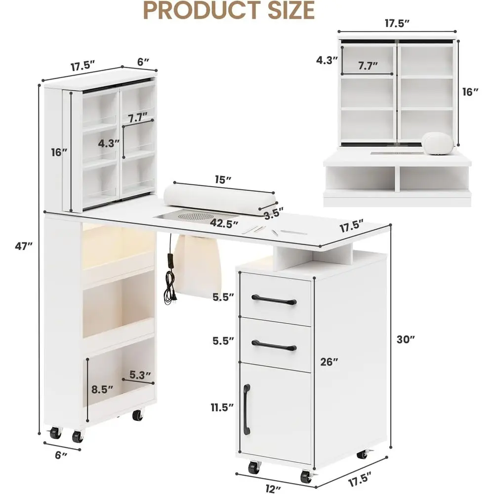 LED-Illuminated Manicure Table with Polish Storage, Dust Collector, Wrist Support, Lockable Casters - White