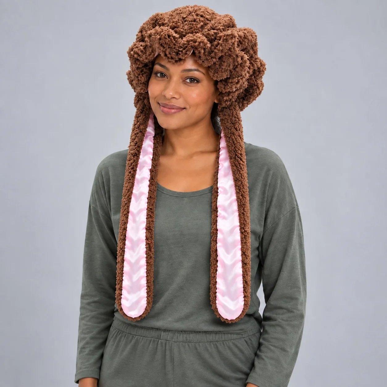 Fashion Women Cozy Plush Sleep Cap Long Ear Design Satin Inner Lining Soft Warm Night Hair Bonnet Home Sleeping Party Headwear