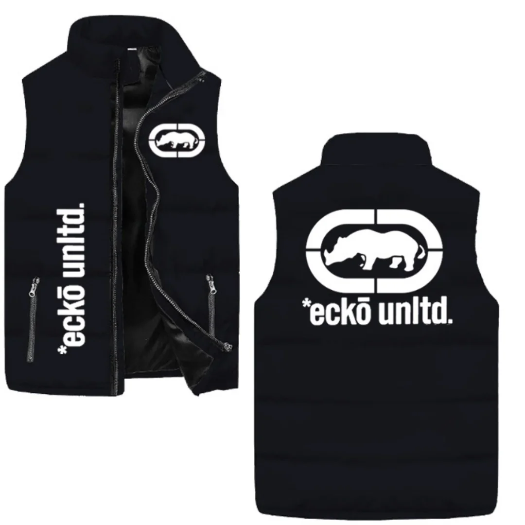 Men Stand Collar Padded Gilet Ecko Unltd Rhino Graphic Print Color Block Sleeveless Outerwear Street Hip‑Hop Warm Vest S‑5XL