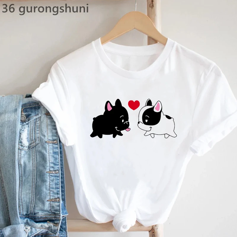 Frenchies In Liebe Tier Druck T-Shirt Frauen Kleidung Französisch Bulldog T-shirt Femme Harajuku Kawaii Kleidung Hund Liebhaber T Hemd