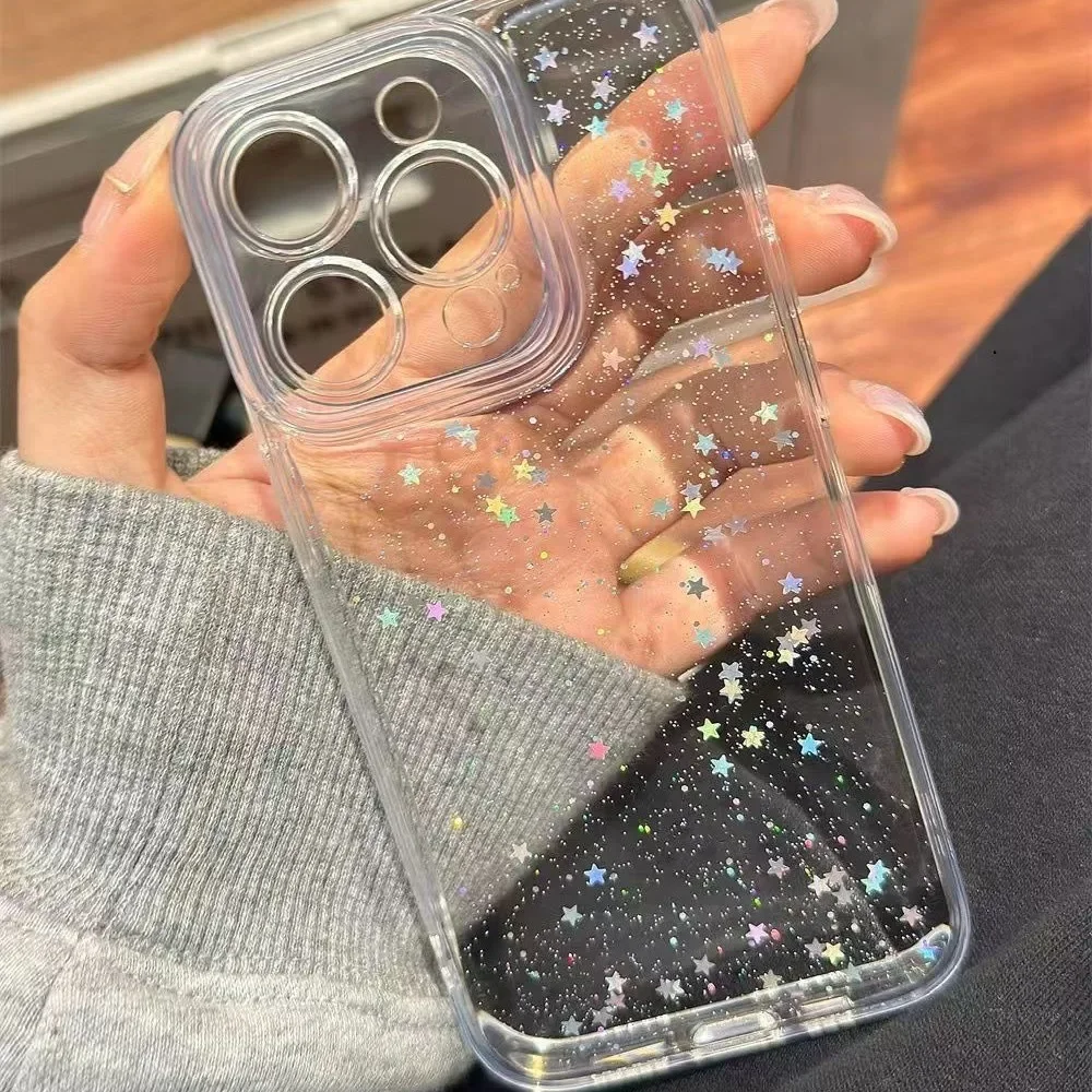 Glitter Star Transparent Phone Cases For iPhone 16 15 14 13 12 11 Pro Max Plus Star Sparkling Shockproof Clear Soft Cover