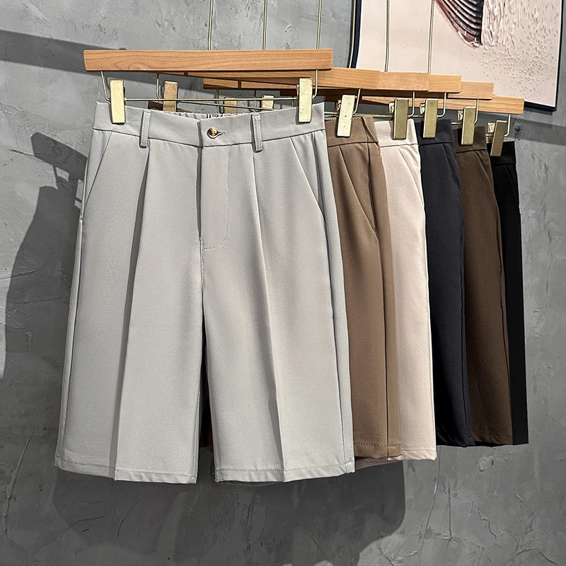 Formal Dress Shorts Men Front Pleated Shorts Casual Bermuda Work Wear Suit Shorts Korean Fashion Knee Length Pants for Summer