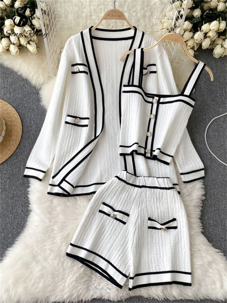 SINGREINY Autumn Knitwear 3PC Sets Long Sleeves Cardigan+Single Breasted Spaghe…