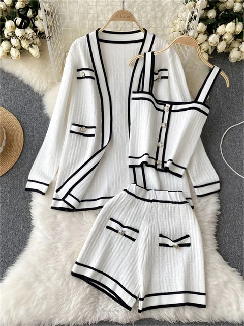 SINGREINY Autumn Knitwear 3PC Sets Long Sleeves Cardigan+Single Breasted Spaghetti Strap+High Waist Elastic Shorts Casual Suits