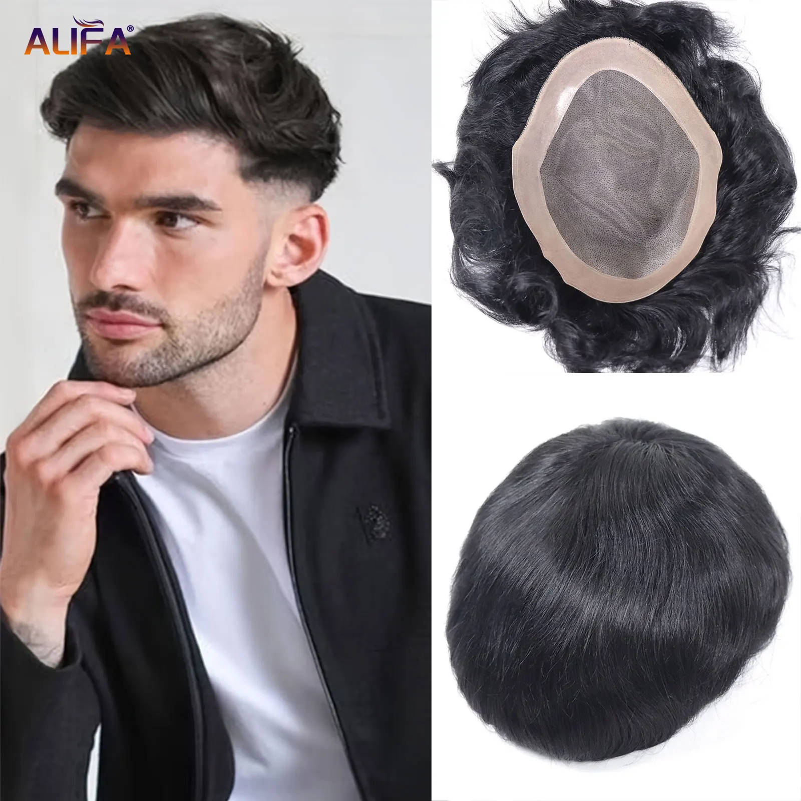 

6x8/ 6x9/7x9/7x10 Тонкий моно Npu Мужской парик из человеческих волос # 1B дышащий мужской парик, замена капиллярного протеза, естественная линия волос