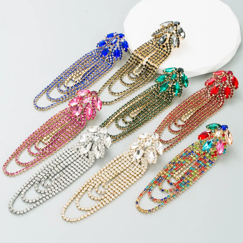 Fashion exaggerated alloy diamond chain fringed earrings women's light luxury retro high-end catwalk ear jewelry