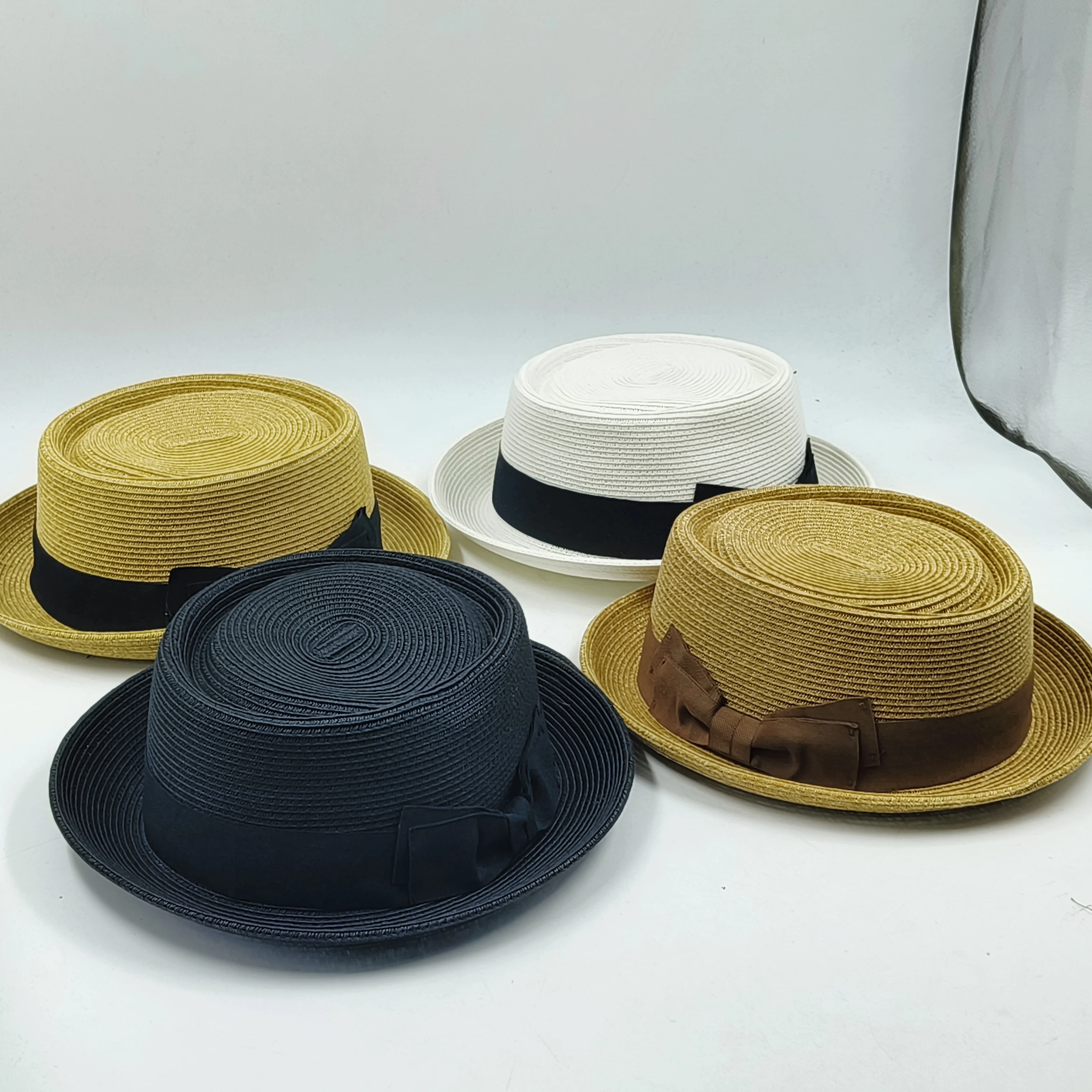 Sombrero clásico de Porkpie para hombre y mujer, sombrero de paja con lazo, ala enrollable, fedora para el sol, trilby, jazz, fieltro vintage, Verano