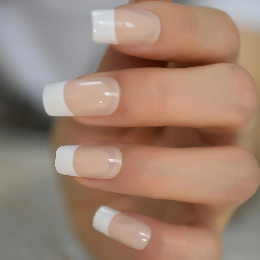 White French Natural Nude False Nails Manicure Square Press on Fake Nails Tips Daily Office Finger Wear with Jelly Sticker Tabs