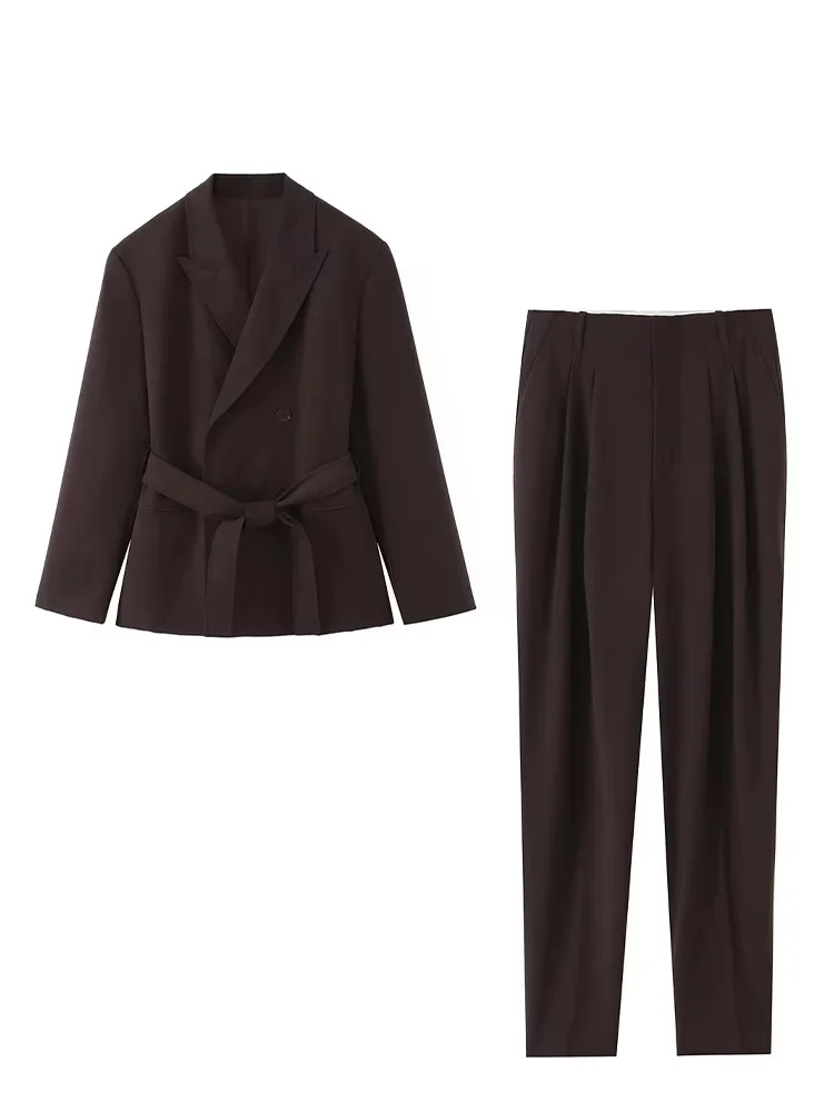 

HH Women Fashion Solid 2-piece Suit Turn-down Collar Belt Decorate Long Sleeve Jacket+Summer Hem Button Pocket Pleated Pants