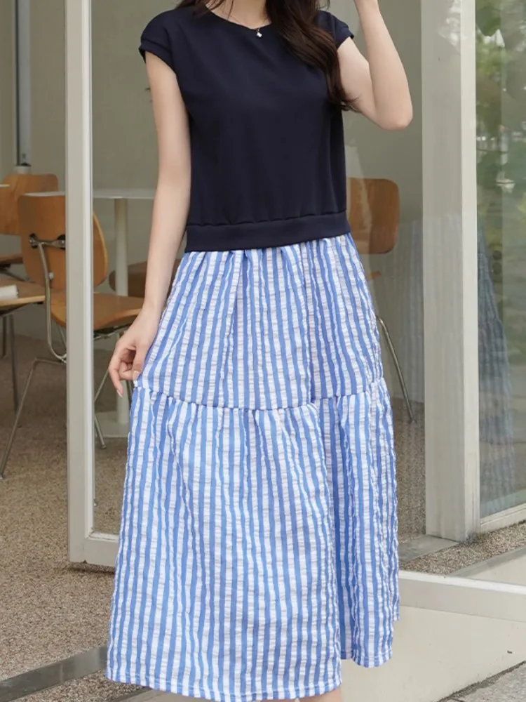 夏偽ツーピースセット Tシャツドレス女性パッチワークストライプ女性ドレス韓国ノースリーブレディーストップス Vestidos