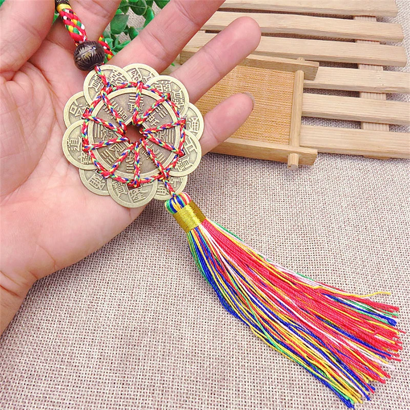 Feng Shui Mystic Knot Chinese Knot 10 Lucky Coins Pendant Safe Travel Health Wealth Car Interior Office Home Hanging Decor