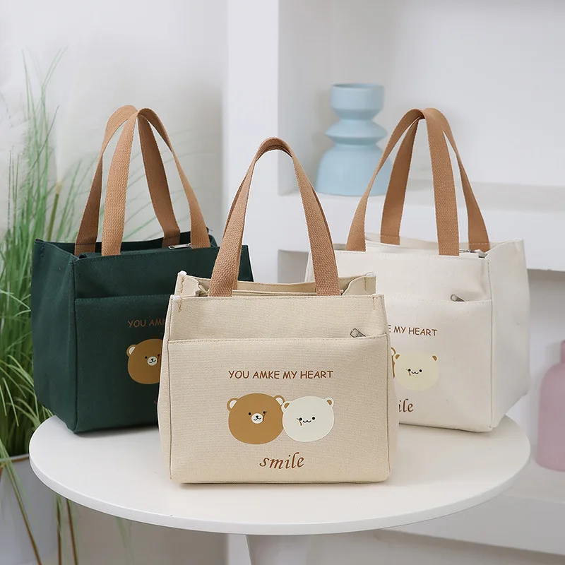 Cute Bear Canvas Handbag Thickened Lunch Bento Tote Bag Large Capacity Commute Storage Bag For Student Office Storage Bag