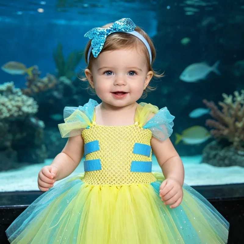 

Girls' Sequin Princess Tulle Dress,Cute Flounder Tulle Tutu Skirt,Performance Costume for Children's Day Parties and Stage Shows