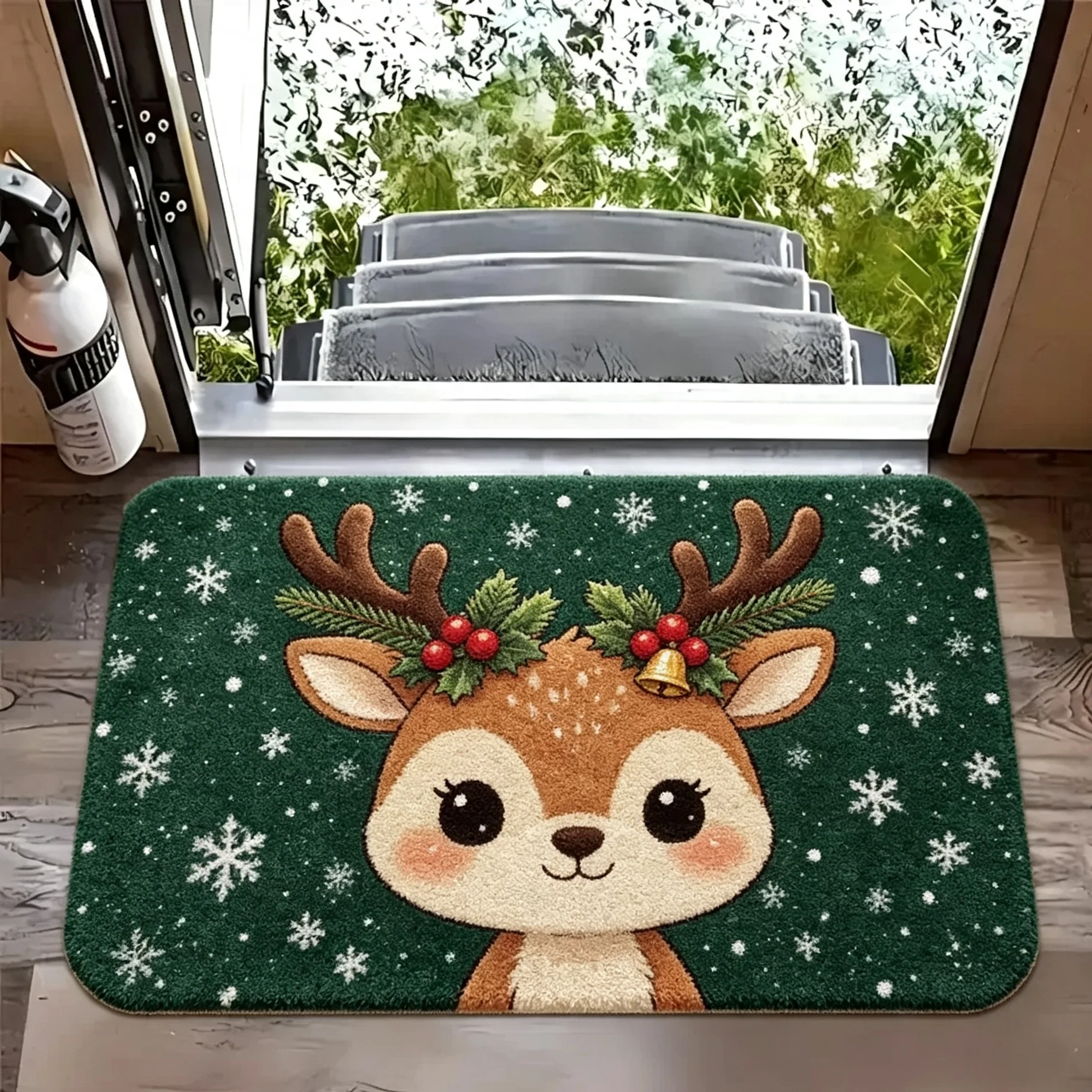 Reindeer Wreath Bell Snowflake Green Background Rug For Winter Night Doorstep Enchanting Scene Soft Touch Durable Mat