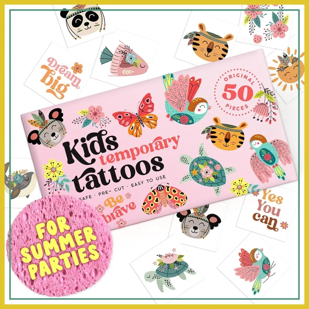 

50 Pcs Temporary Tattoos - Hypoallergenic, Pre-Cut, Sea World, Butterflies, Flowers, Motivational Words - Gift for Boys and Girls