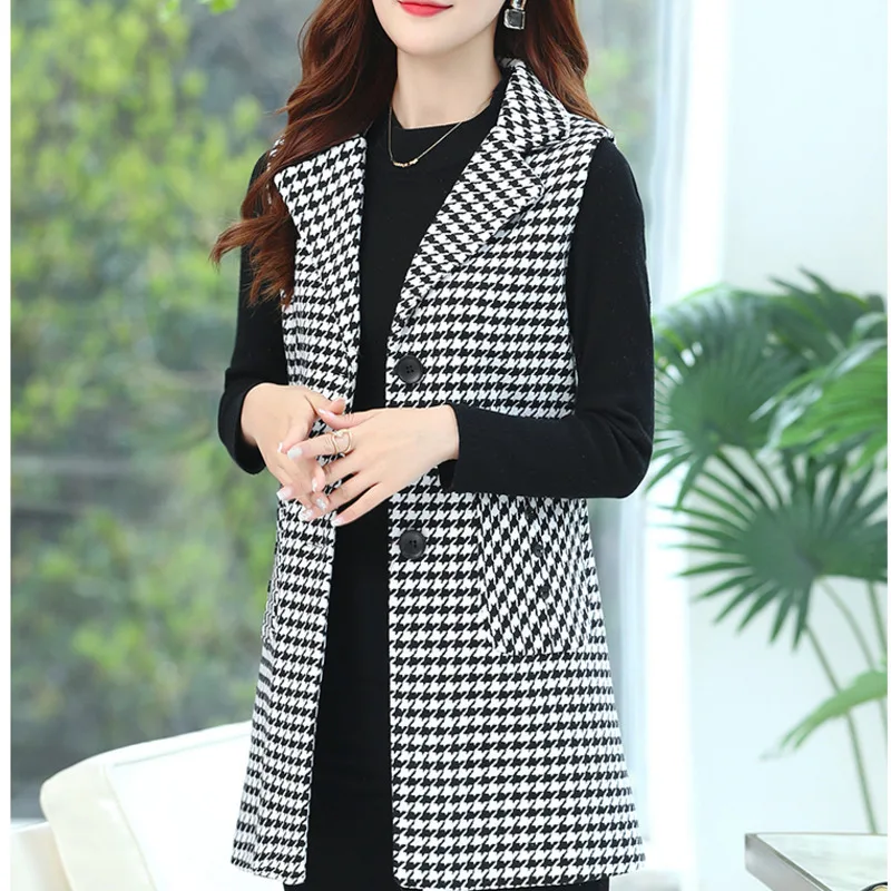 #0716 Vintage Sleeveless Blazer Women Single Breasted Slim Middle Age Women\'s Vest Waistcoat Plaid Vest Coat Femme Spring Autumn