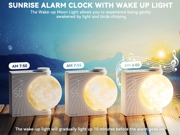 Moon Lamp Night Light Sunrise Alarm Clock Wake Up Light with White Noise Sound Machine, Dual Alarms for Heavy Sleepers, 10 RGB Night Light & Sleep Timer, Wood Grain Desk Clock for Bedroom
