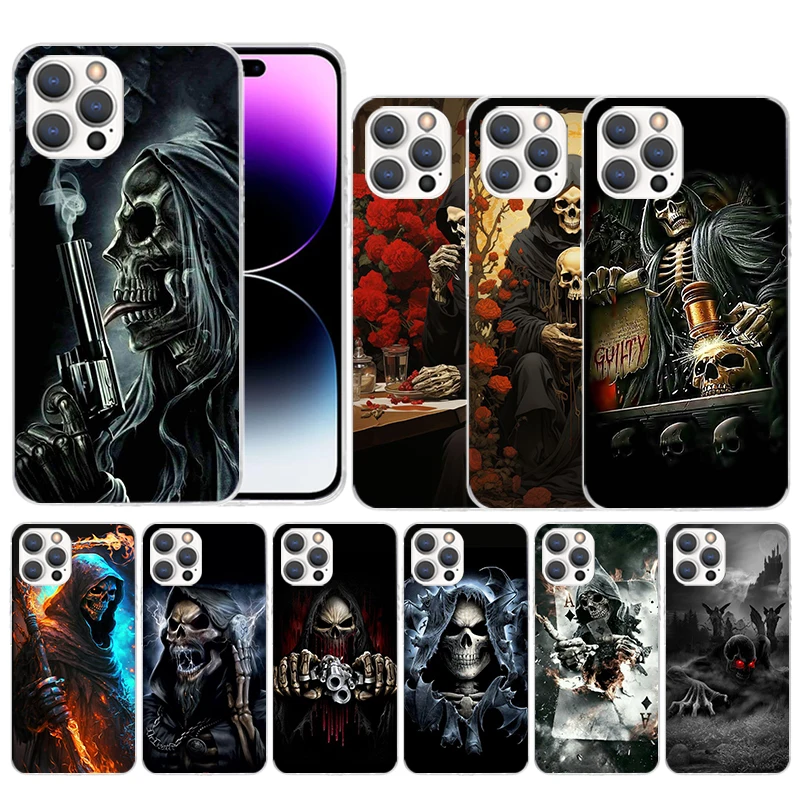 Reaper Totenkopf Skelett Pistole Softcover für iPhone 16 17 Air 15 14 Pro Max 16E Handyhülle 17E 13 Mini 12 11 7 SE mit Aufdruckmuster