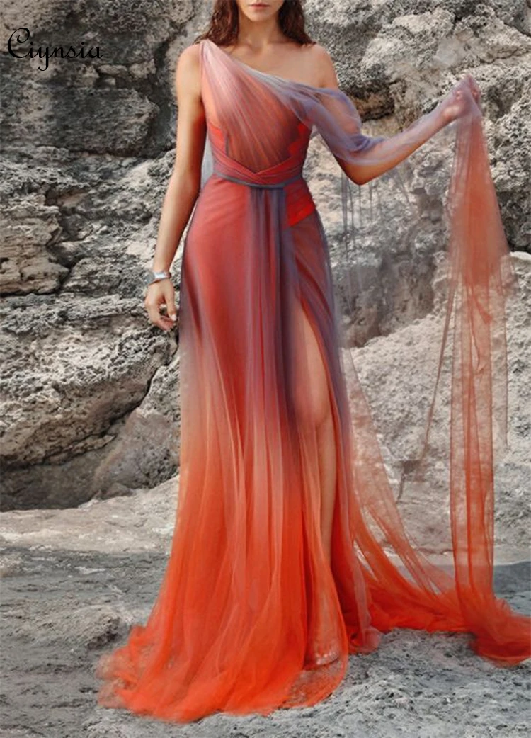 

Ciynsia Customized Summer Prom Dresses Long Sexy One Shoulder Gradient Tulle Evening Gowns Side Slit Sexy Formal Party Dress