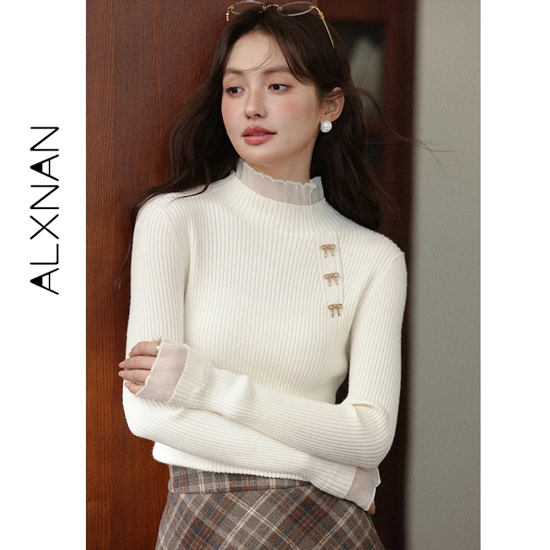 

Женский свитер ALXNAN с воротником-стойкой, вязаный, с 3D-аппликацией в виде банта, приталенный, универсальный, с подкладкой, L58608