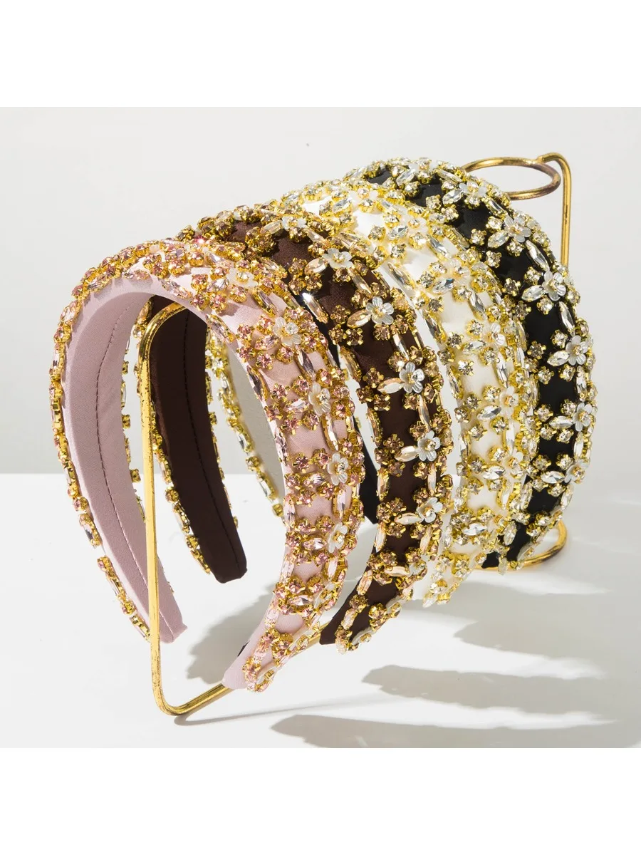 Mode rétro plein diamant fleur large éponge bandeau pour les femmes haut de gamme sensation fête accessoire de cheveux