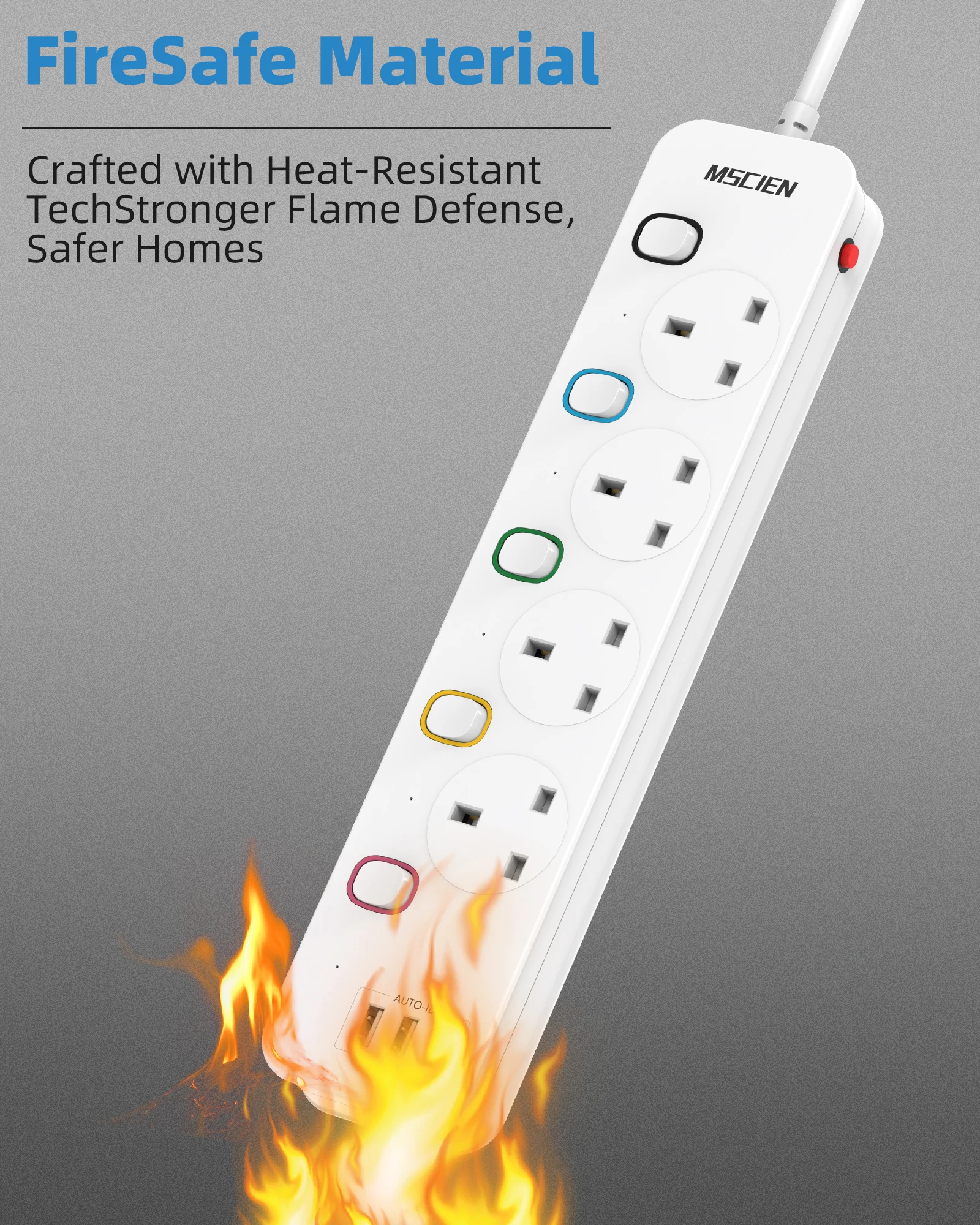 Multifunctional Uk Standard Power Socket Extension with 1M/3.28Ft Extension Cord, Wall-Mount Design, 5 Ac Outlets, 3 USB Ports, Each Outlet with Independent Control Switches, Suitable for Use in Bedrooms/Kitchens/Living Rooms/Study Rooms, Fire-Resistant Material, Overload Protection