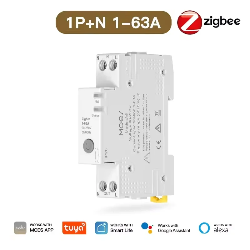 

New MOES Tuya Zigbee Smart Life Circuit Breaker 63A Alarm Threshold Set Electricity Monitor V0 Fireproof Retardant APP Control