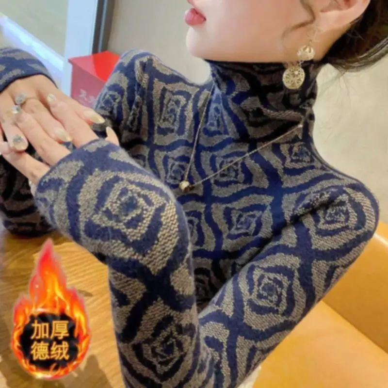 Women's 2025 German Velvet Turtleneck Base Fashionable Autumn and Winter New Printed Double-sided Slim Warm Long-sleeved Top