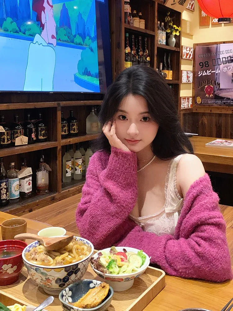 

Bunana Vintage Lazy V-ne Knitwear Outerwear Women's Spring Autumn Warm Loose Versatile High-End Feeling Long Sve Cardigan