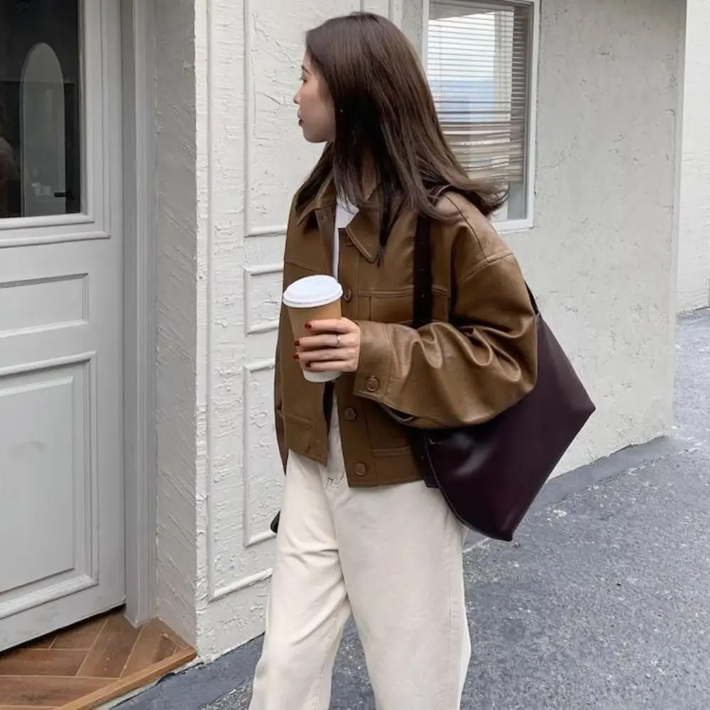 

Sweet Lapel Collar Leather Jacket Women Korean Chic Outerwear Zipper Overcoat Retro Windbreaker Jackets Streetwear