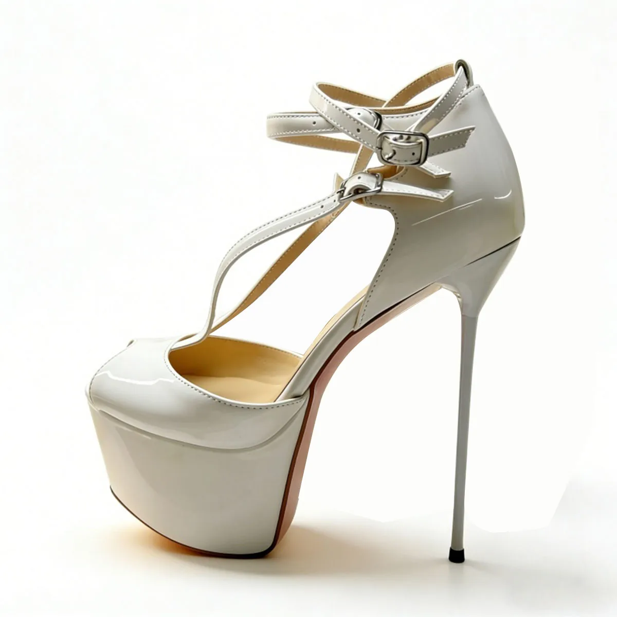 Arden Furtado Sommer-Sandalen aus weißem Lackleder, Hochzeitsschuhe, Peep-Toe-Sandalen, Plateau-Sandalen mit superhohem Absatz und Knöchelriemen, moderne Sandalen