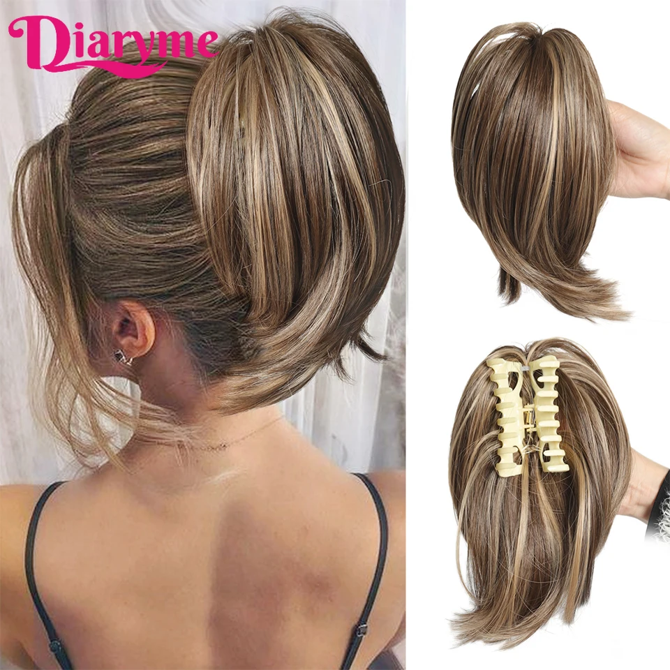 

Ponytail Extension Synthetic Claw Clip in Straight Messy Hair Bun Short Ponytail Hair Pieces Fake Hair Bun Warm Brown mixed Gold