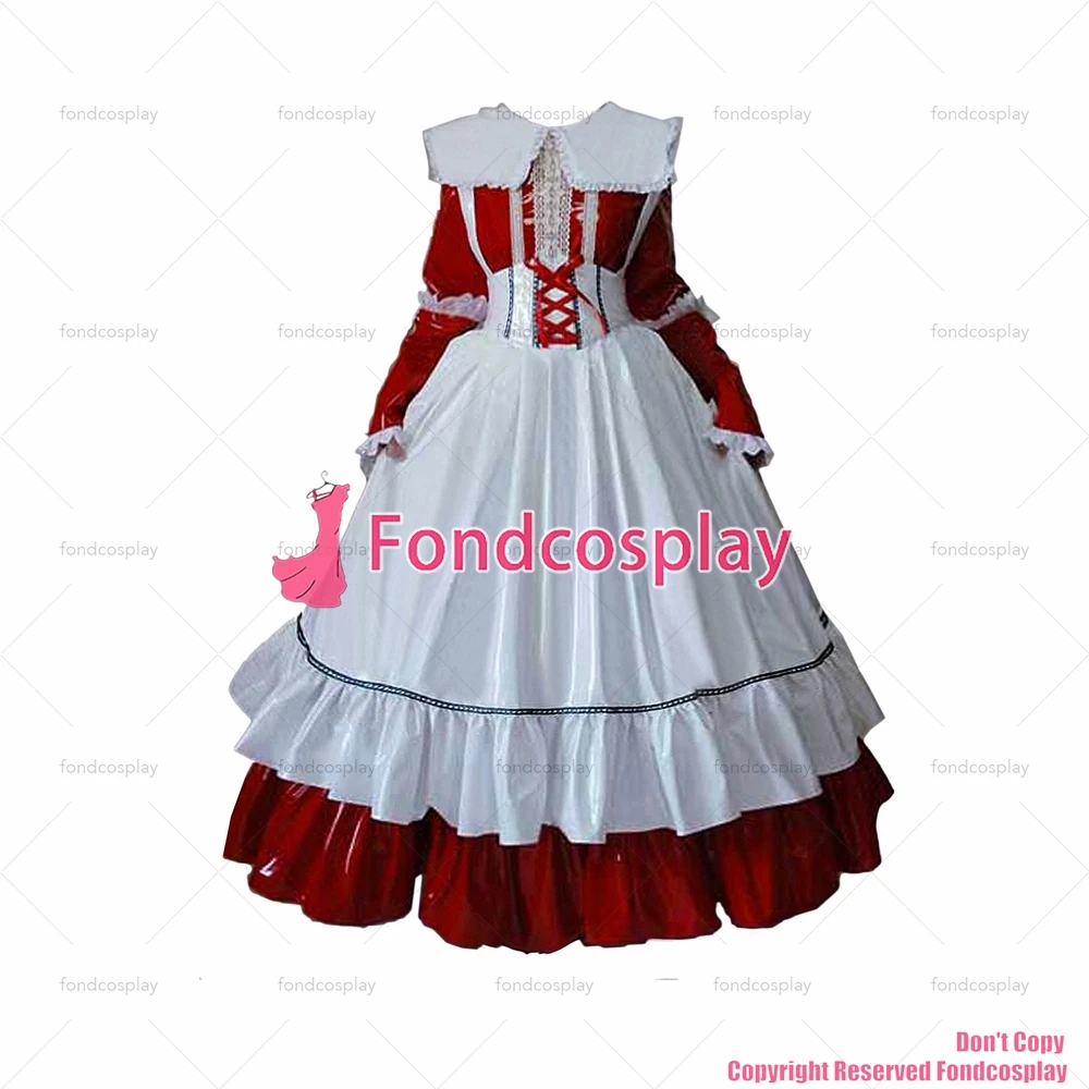 fondcosplay adult sexy cross dressing sissy maid long lockable red thin PVC Dress vinyl white apron Uniform CD/TV[G1634]